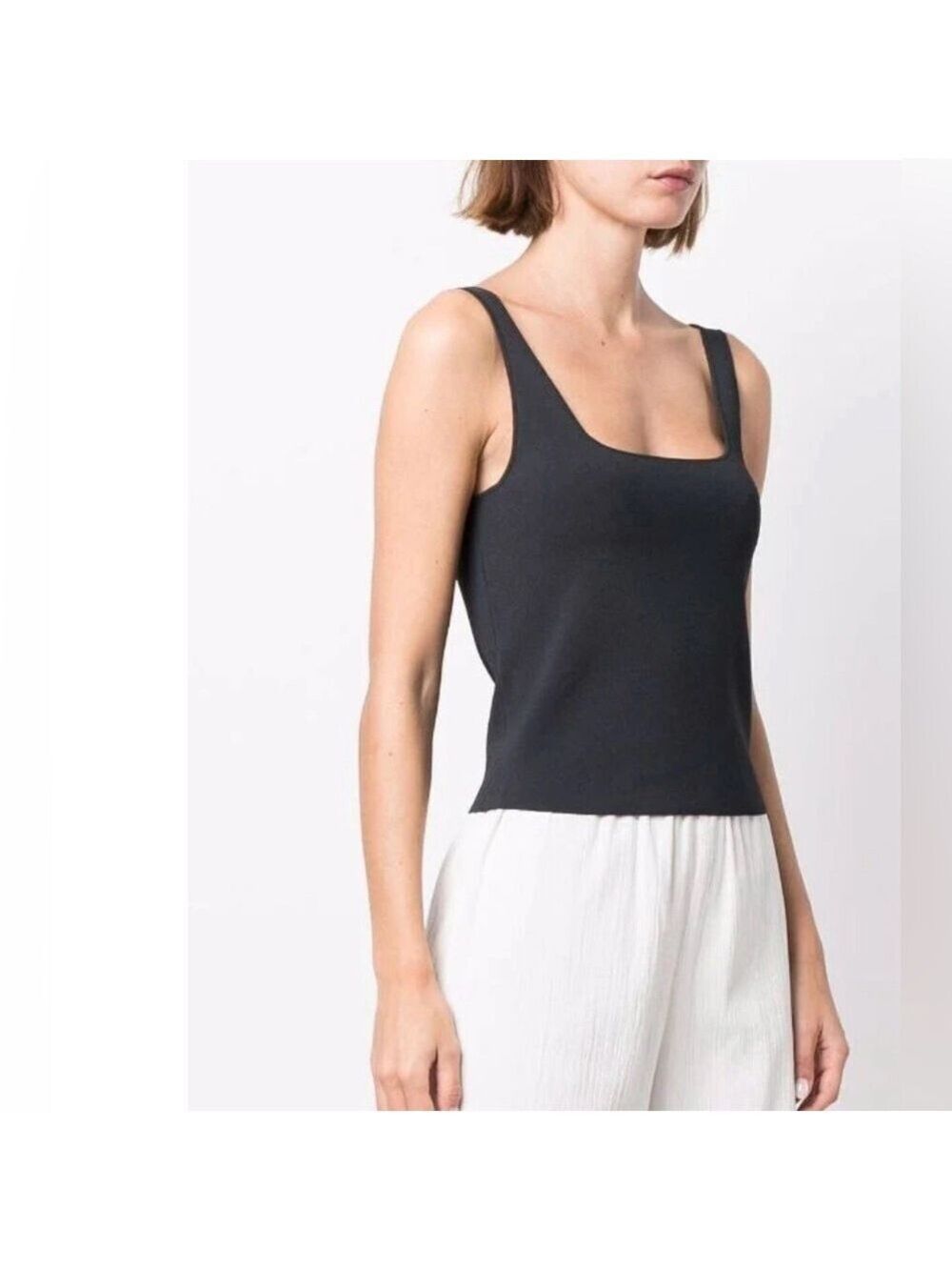 VINCE Black Ribbed Square-Neck Tank Top